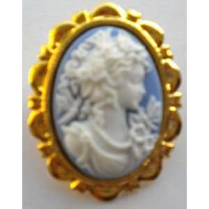  Cameo Pin Lady Cameo,Blue w/White in Gold Color Frame 