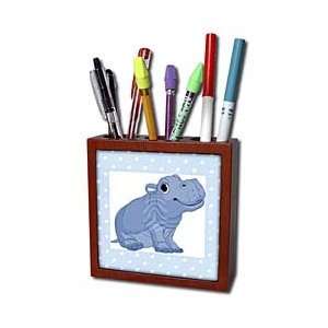 Florene Childrens Art   Cute Baby Blue Hippo On Blue Dotted Back 
