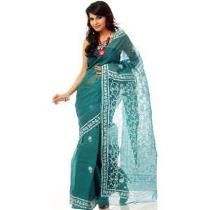  Teal Sari with Lukhnavi Chikan Embroidery   Pure Cotton 