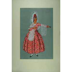  1929 Pochoir Woman Dress Lace Headdress Bolbec Normandy 