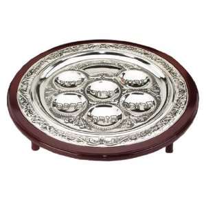    Round Silver Plated and Wood Seder Plate with Legs 