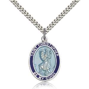 925 Sterling Silver St. Saint Christopher Blue Border Pendan 1 x 3/4 