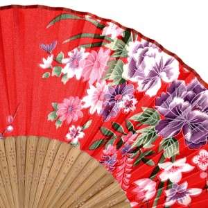 SILK HAND FAN Folding Pocket Purse Asian Sensu Red Fabric Natural 