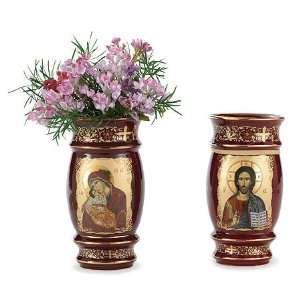  Two Sided Icon Flower Vase, Red, Featuring Byzantine icons 