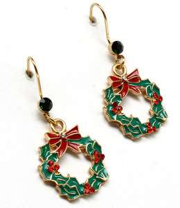 Christmas Wreath pierced earrings Rhinestone enamel red green Xmas New 