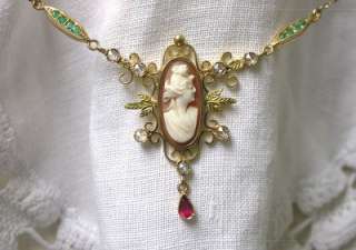   Gold Diamond Ruby Emerald Cameo Lavalier Necklace 6.2gr 17.5  