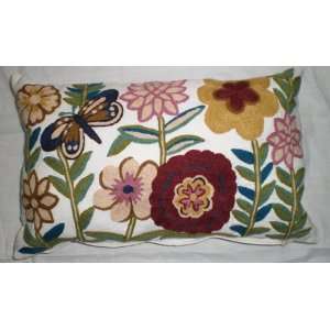  Crewel Pillow Butterfly n Blooms Multi Color on Off White 