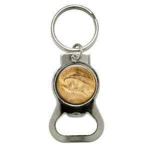  US 20 Dollar Gold Coin   Bottle Cap Opener Keychain Ring 