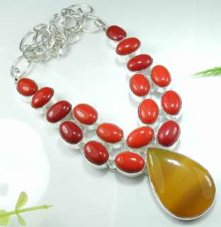 HUGE YELLOW AGATE+RED CORAL SILVER NECKLACE 19; S2632  