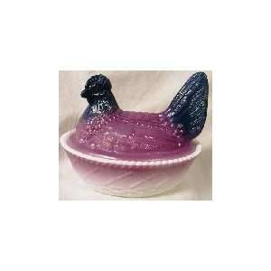  5 Glass Painted Twilight Chicken on Basket Covered Bowl 
