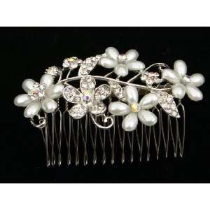   Clear Crystal Flowers With Faux Pearl Metal Hair Comb 