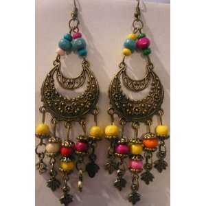   Multicolor Beaded India Sari Dangle Earrings 