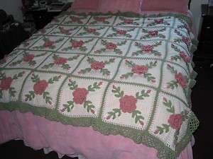 CROCHETED AFGHAN COTTAGE STYLE SHABBY ROSES 30 Squares  
