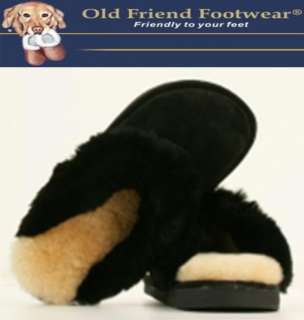 OLD FRIEND Ladies Sheepskin Wool Scuff Slippers Black  