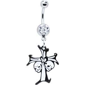  Black and White Double Skulls Cross Belly Ring Jewelry