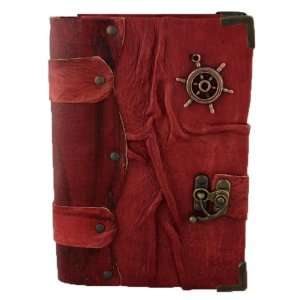  Ships Wheel Sculpture on a Red Handmade Leather Bound 