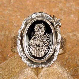 Saint Theresa Vintage Black Glass Cameo Ring 6 1/2 BWS  
