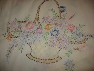 Vtg Hand Embroidered Basket & Bird Bedspread Quilt Topper Coverlet 