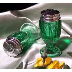  Green Glass Salt & Pepper Set 