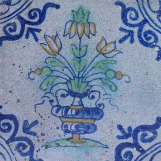 Polychrome 17th century Dutch Delft tile Flowerbasket  