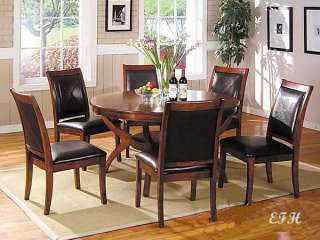 NEW 7PC NIKKA BROWN CHERRY WOOD ROUND DINING TABLE SET  