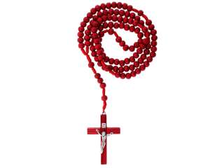 ICED OUT MENS RED WOOD ROSARY BEAD CROSS NECKLACE  