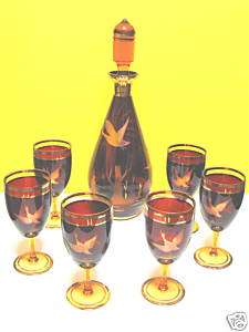 AMBER GLASS DUCK DESIGN WINE DECANTER SET 6 GLASSES  
