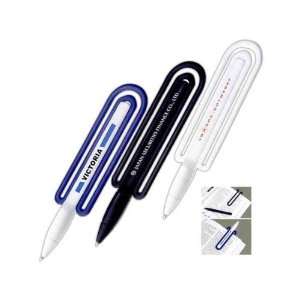   plastic ballpoint pen and translucent blue bookmark.