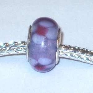 Murano Style Glass Lampwork Bead Fits Pandora Lilac with White Flowers 