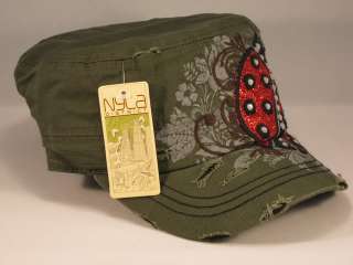 Color Olive Green Cap with Red Glitter Ladybug & Brown & Black 