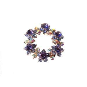   Blue Wreath Pin 24K Gold Swarovski Crystals Brooch Flowered Roun