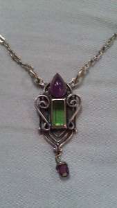 VINTAGE MARY DEMARCO LAVALIER PERIDOT AMETHYST HANDS CLASP NECKLACE 