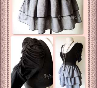 NEW Black/Denim Blue Knit Top Tiered Ruffle Full Mini Skirt Contrast 