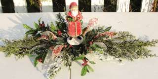   Holiday Table Centerpiece Pine Frosty Holly Berries Red Ribbon  