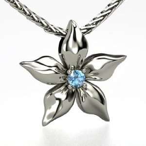   Star Flower Pendant, Round Blue Topaz 14K White Gold Necklace Jewelry