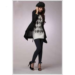 Womens Long Sleeve Rhombus Sweater Pullover Top Dark Gray/White 