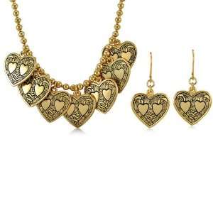    Gold Tone Heart Lucky Charms Earrings Necklace Set Jewelry