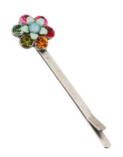   Negrin Silver Plated Flower Hair Pin w Multicolor Crystals  
