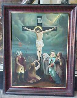 Antique Signed Litho Tin Holy Christ on Cross Religious  