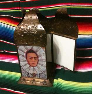 Mexican Folk Art GlassTin Plate Candle Holder Luminare Frida Khalo 