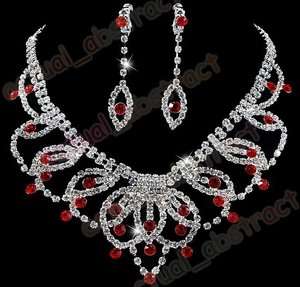 silver plated necklace earring 1SET red clear  
