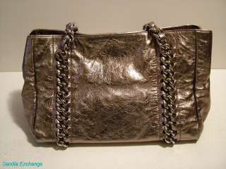   Crackled Leather Metalic Silver Modern Chain Tote CC logo  