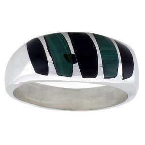  Gents Sterling Silver Black Obsidian with Malachite Ring 