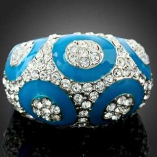 Blue 5 interlocked enamel circles 18K white gold GP chic ring 