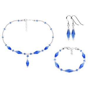 Sterling Silver Dark Blue and Clear Crystal Bracelet Earrings with 16 