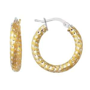  14K 2 Tone Gold Diamond Cut Round Tube Hoop Earrings (20 x 