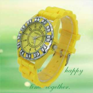Geneva Crystal/Rhinestone Jelly Watch Yellow Silicone Rubber Wrist 