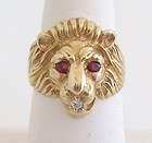   VINTAGE 14K YELLOW GOLD LION HEAD DIAMOND RUBY UNISEX MENS RING LEO 3D
