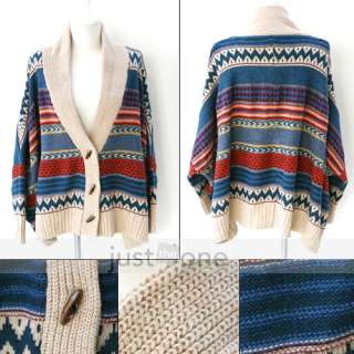 Bohemian Tribal Oversized Knit Bat Sleeve Stripe Sweater Coat Knitwear 