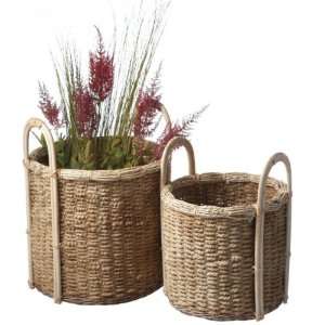  Set of 2 Decorative Bleached Coco Twig and Rattan Baskets 